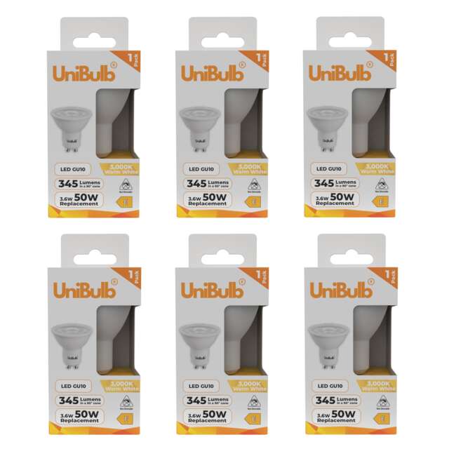 UniBulb LED GU10 345lm 3.6W (Replaces 50W) 3000K (Warm White) Spotlight Downlight Light Bulb - Pack of 6