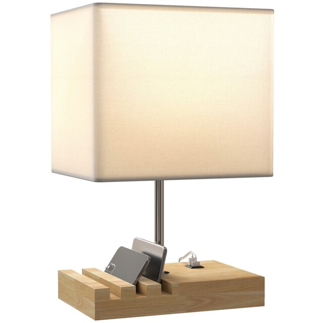 HOMCOM Bedside Lamp with USB A C Charging Ports and 3 Phone Stands, Modern Table Lamp with Solid Wood Base and Fabric Shade for Bedroom Living Room Office, E27 Socket, Bulb Not Included, White White White