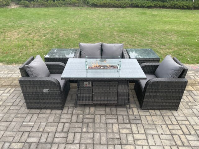 Fimous Rattan Outdoor Garden Furniture Set Gas Fire Pit Dining Table with 2 Side Tables Chair Love seat Sofa