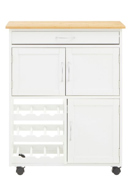 Interiors by Premier Durable White and Bamboo Top Kitchen Trolley, Multi Purpose Kitchen Storage, Double Door Serving Trolley