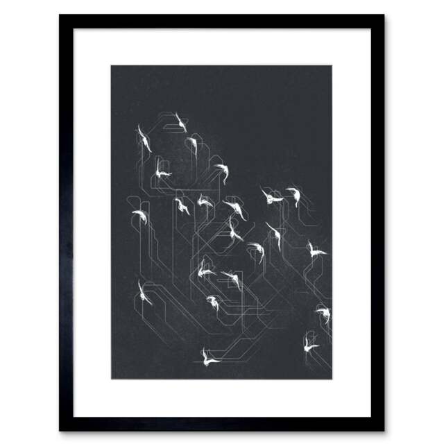 "Flock of Birds Sky Silhouette Lines 9x7"" Black Framed Wall Art Print"
