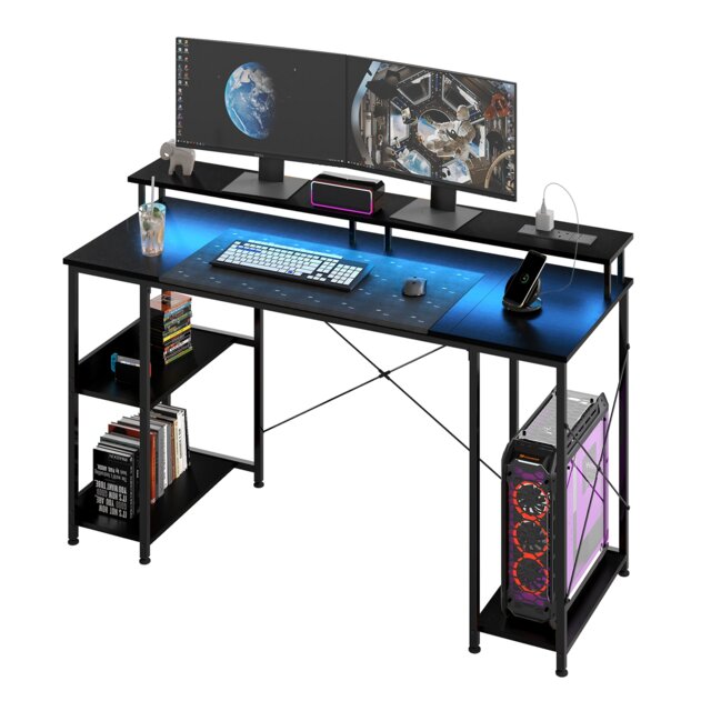 Levede Gaming Desk Computer Table with Monitor Shelf Power Outlets RGB Light