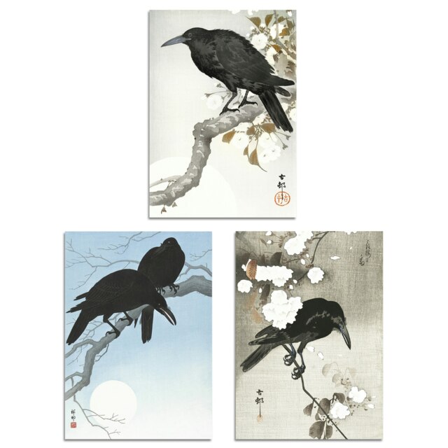 Set of 3 Ohara Koson Crows Black White Blue Japanese A4 Wall Art Prints Multi