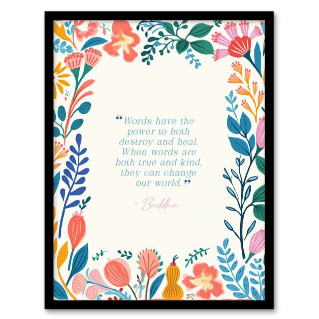 Words Have Power Buddha Mindfulness Quote Black Framed Wall Art Print A4