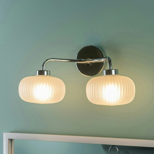 ValueLights Amaia Polished Chrome IP44 2 Way Frosted Ribbed Glass Wall Light with LED Bulbs Silver