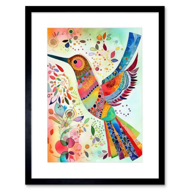 "Hummingbird Colourful Pattern Feathers Folk Art 9x7"" Black Framed Wall Art Print"