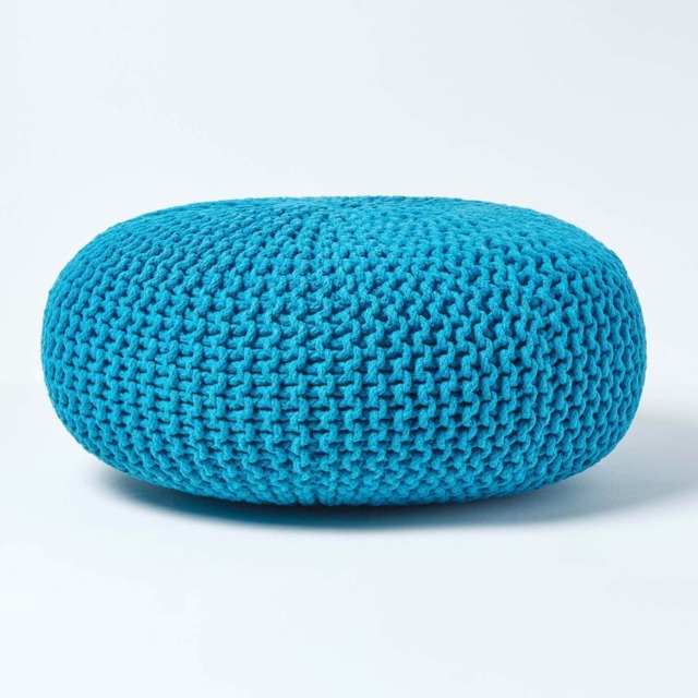 Homescapes Teal Blue Large Round Cotton Knitted Pouffe Footstool