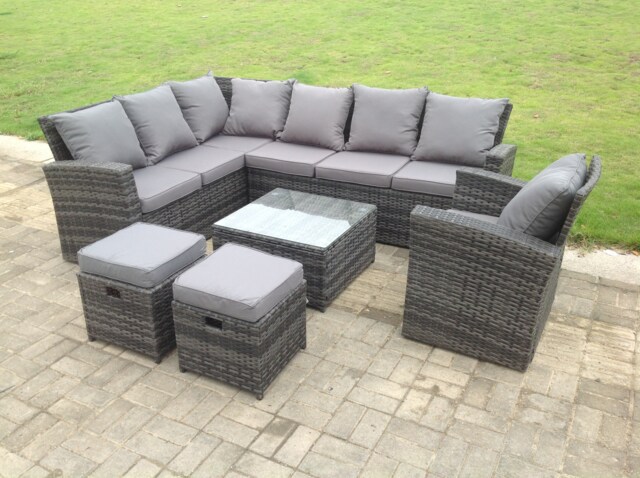 Fimous 9 Seater High Back Rattan Garden Furniture Set Corner Sofa With Square Coffee Table Footstool With Chair