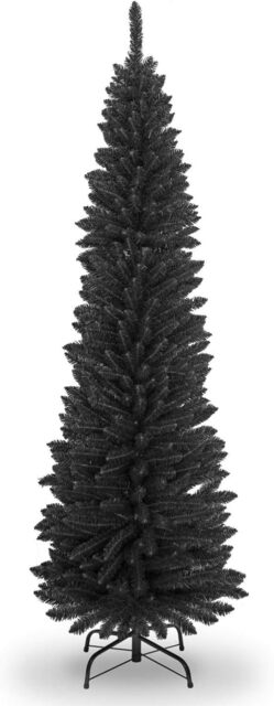 6ft Artificial Flocked Black Slim Christmas Pencil Tree Holiday Home Decorations with Pointed Tips and Metal Stand Black Black