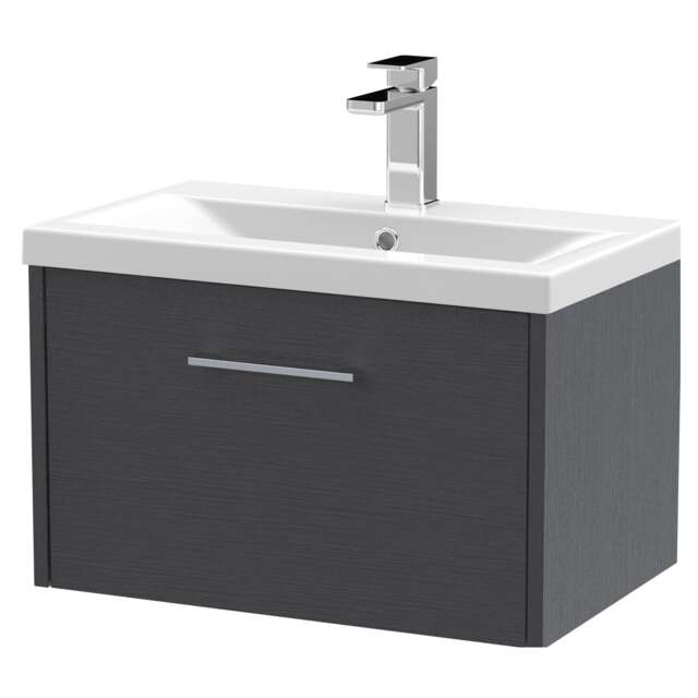 Balterley Winshill Contemporary 1 Drawer Wall Hung Vanity Unit with Mid-Edge Basin, Woodgrain Dark Grey, 600mm