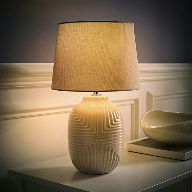 ValueLights Harrison Tapered Shade Grey Geo Ribbed Pattern Gloss Medium Table Lamp & Bulb Grey