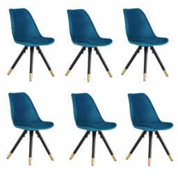 Set of 6 Sofia Ergonomic Modern Dining Chairs Upholstered in Velvet, Metal Legs with Gold End Tips Blue