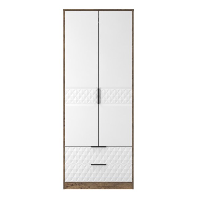 Islay Tall 2 Drawer Double Wardrobe in White Matt & Vintage Oak (Ready Assembled) White White Matt & Vintage Oak