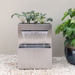 Planter & Waterfall Cascade Silver Stainless Steel Outdoor Water Feature with Lights H89cm