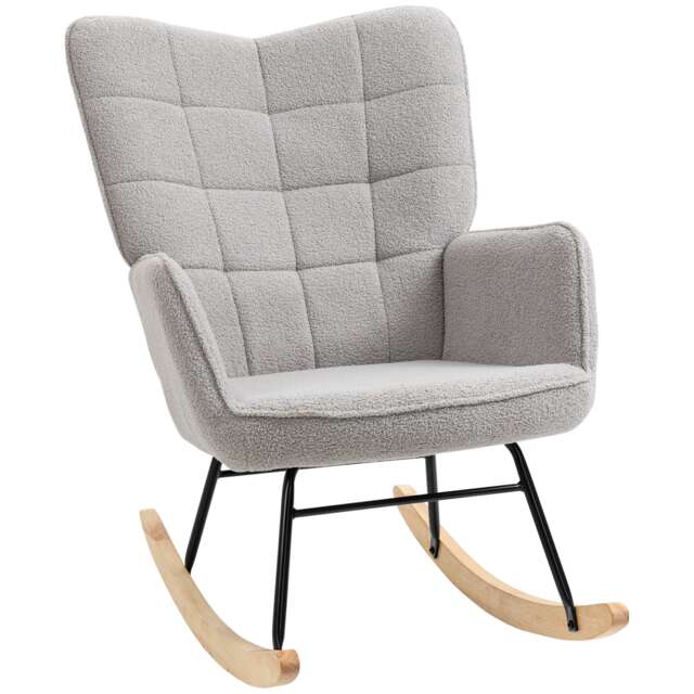 HOMCOM Wingback Rocking Chair for Nursing, Upholstered Berber Fleece Nursery Glider Rocker, Modern Armchair for Living Room, Light Grey
