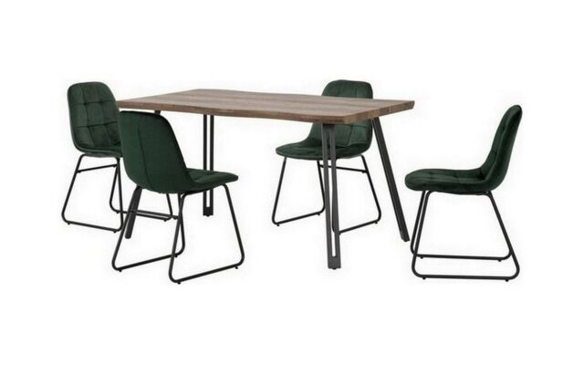 Quebec Wave Edge Dining Set with Lukas Chairs - Medium Oak Effect - Black - Emerald Green Velvet Green Emerald Green 5