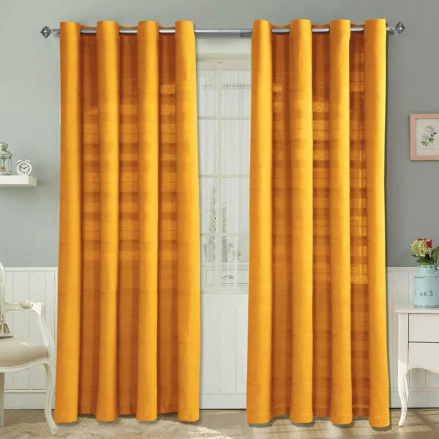 Homescapes Cotton Rajput Ribbed Mustard Yellow Curtain Pair - 66 x 90 Inches Yellow Mustard Yellow