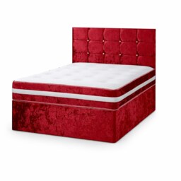 3ft Single Red Crushed Velvet Divan Bed Set Orthopaedic Mattress with Cube Headboard 2 Drawers Same Side