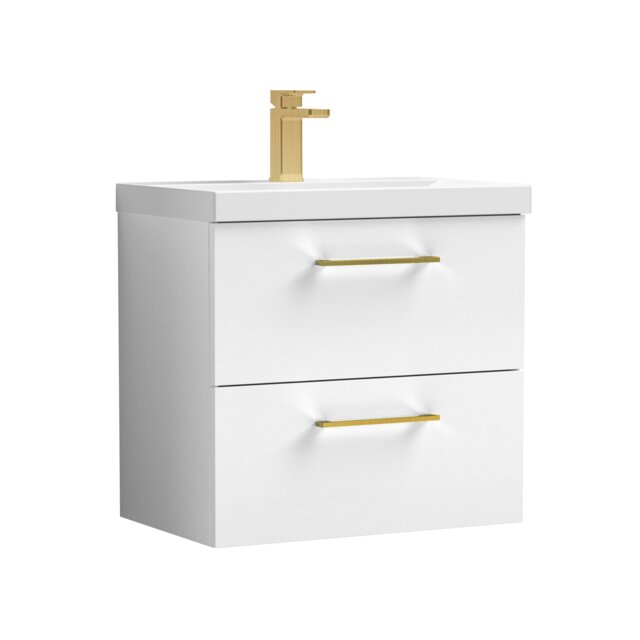 Balterley Wall Hung Bathroom 2 Drawer Vanity Unit and 1 Tap Hole Ceramic Basin, with Handles White Gloss White