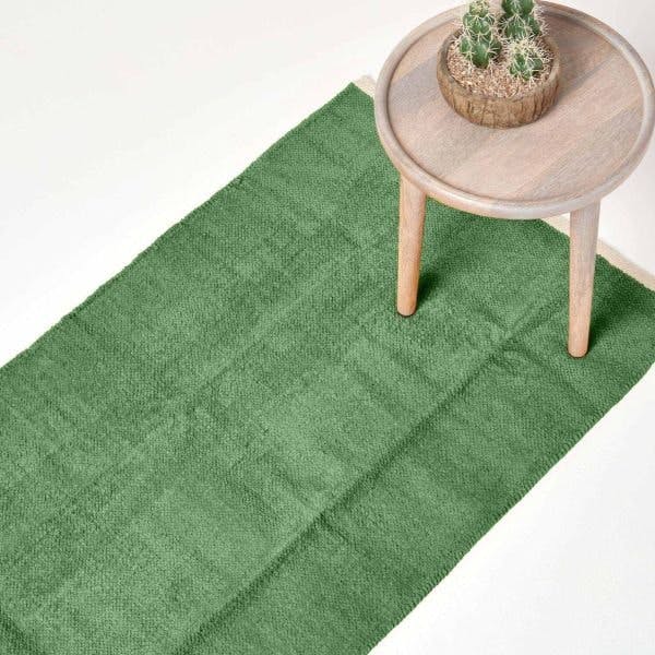 Homescapes Dark Olive Cotton Plain Chenille Runner with Natural Trim - 66 x 200 cm Green Dark Olive