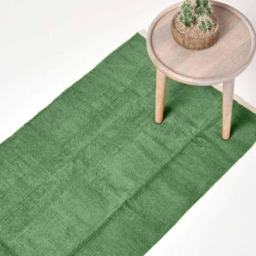 Homescapes Dark Olive Cotton Plain Chenille Runner with Natural Trim - 66 x 200 cm Green Dark Olive