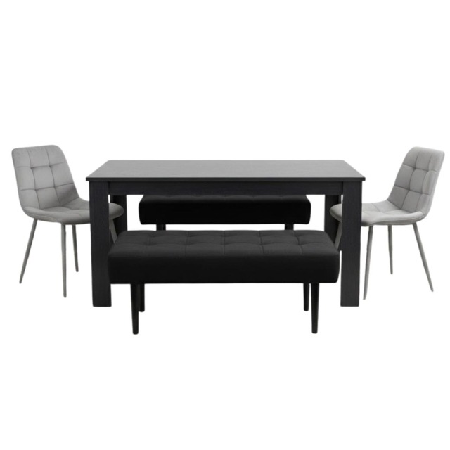 Kosy Koala Modern Dark Grey Dining Table Set with 2 Grey Velvet Chairs And 2 Black Benches