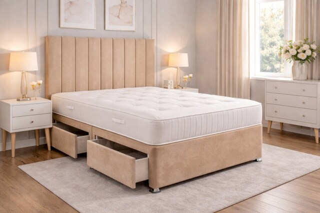 5FT Kingsize Beige Plush Divan Bed With Panel 26inch Headboard and Orthopeadic Mattress 2 Drawers Same Side