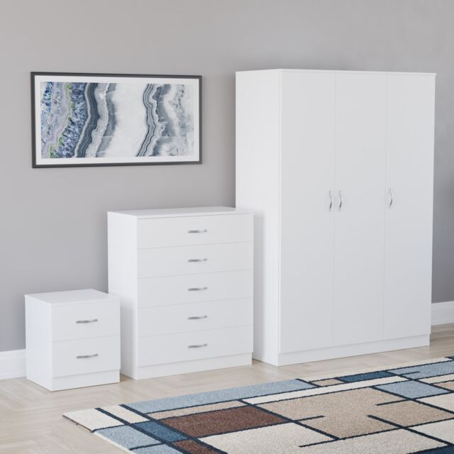Vida Designs Riano 3 Piece Bedroom Set (2 Drawer Bedside Chest, 5 Drawer Chest, 3 Door Wardrobe), White (5)