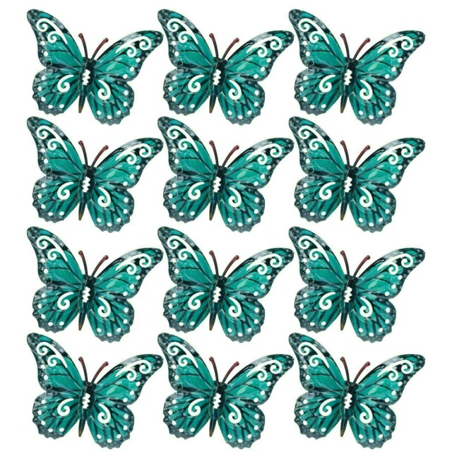 Set of 12 Blue Small Metal Butterflies Garden/Home Wall Art Ornament