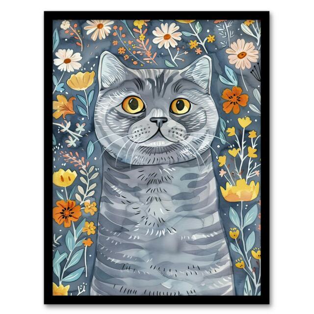 Blue British Shorthair Cat Lover Floral Pet Black Framed Wall Art Print A4
