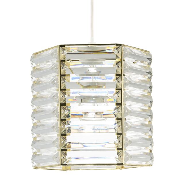 Modern Hexagonal Polished Gold Pendant Shade with Clear Acrylic Rods