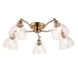 Hansen 5 Light Multi Arm Glass Semi Flush Ceiling Lamp, Antique Brass Plate, Glass