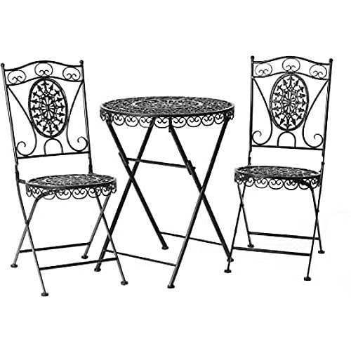 GlamHaus Garden Bistro Set 3 Piece Outdoor Metal Foldable Patio Balcony Furniture - Catalina Black