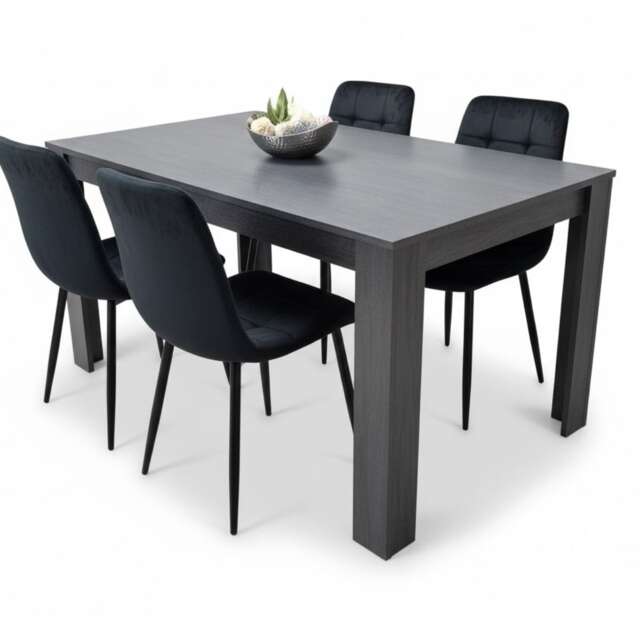 Dining Table and 4 Chairs Black Dark Grey 4 Black Velvet Chairs Wood Dining Set Furniture