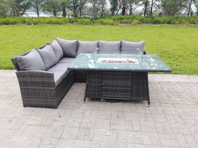Fimous High Back Corner Rattan Garden Furniture Sofa Gas Fire Pit Dining Table Gas Heater Sets 6 Seater
