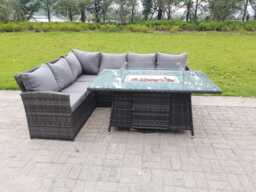 Fimous High Back Corner Rattan Garden Furniture Sofa Gas Fire Pit Dining Table Gas Heater Sets 6 Seater