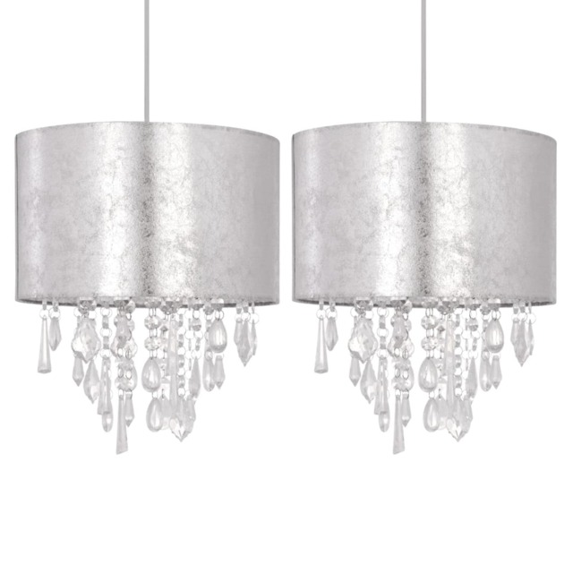 Set of 2 Silver Marble Affect Jewelled Light Shades Silver Clear Medium 2