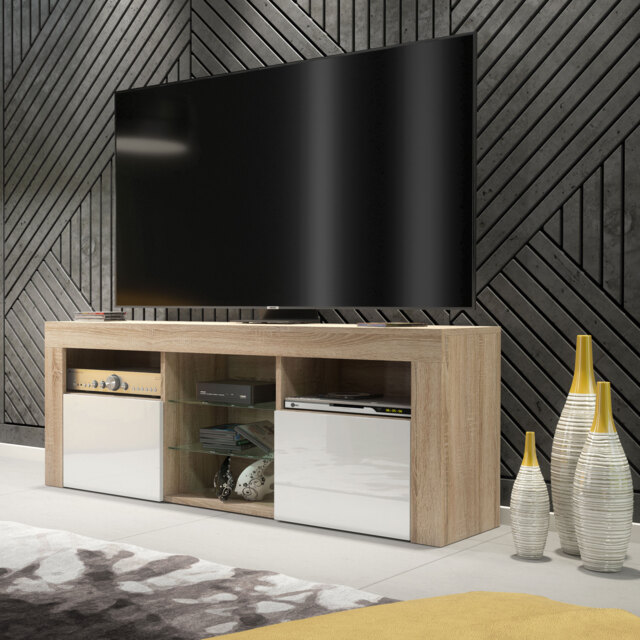 TV Unit TV Stand Cabinet Sideboard Media Cabinet Storage Oak White High Gloss Doors Living Room Furniture 145cm