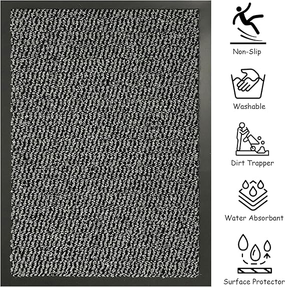 KAV Door Mat Dirt Trapper - Durable Indoor and Outdoor Non-Slip Rug - Super Absorbent- Home, Office(Grey / Black, 90cm x 150cm)