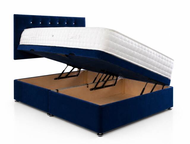 Side Lift 5ft Kingsize Blue Plush Ottoman Bed With Headboard and Mattress