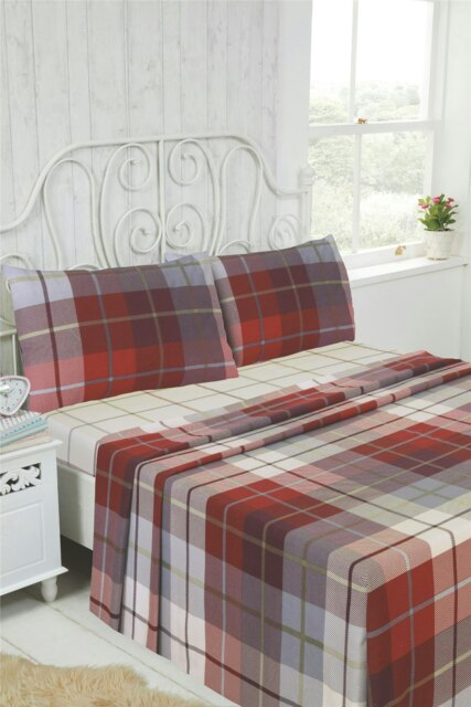 Flannelette Brushed Cotton Tartan Sheet Set - Red - King
