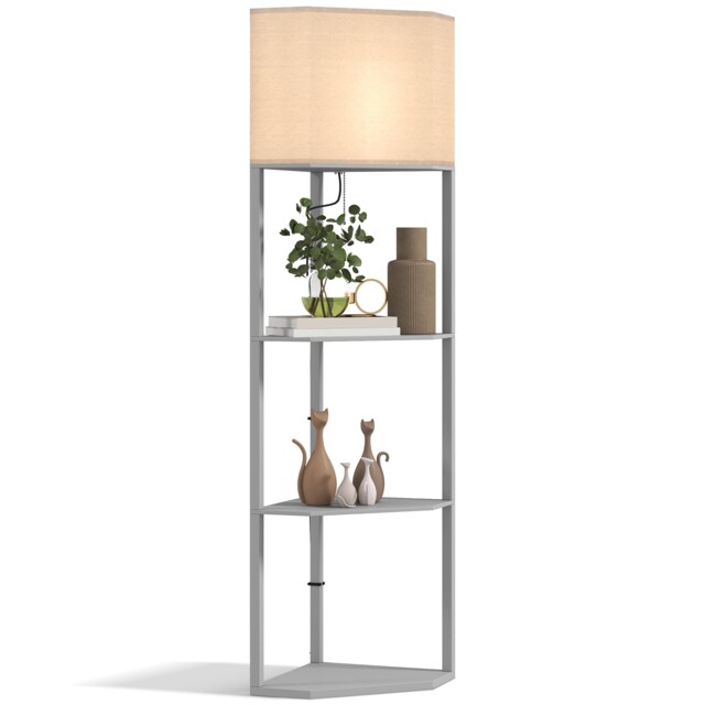 HOMCOM Corner Floor Lamp with Shelves, Modern Tall Standing Lamp with Chain Switch for Living Room, Bedroom, Bulb Not Included, Light Grey