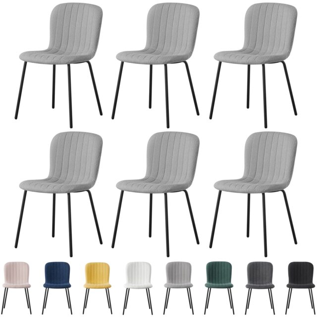 Set of 6 Teddy Faux Fur Stitched Design Dining Chairs Light Grey Bella by MCC