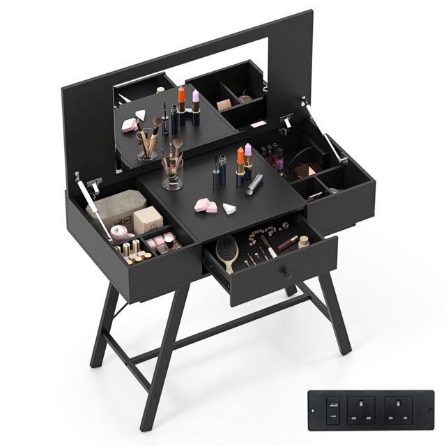 COSTWAY 2-in-1 Vanity Desk Flip Top Vanity Table Black
