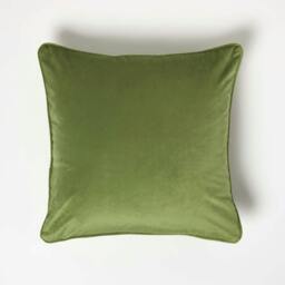 Homescapes Olive Green Filled Velvet Cushion with Piped Edge - 46 x 46 cm Green Olive Green 1