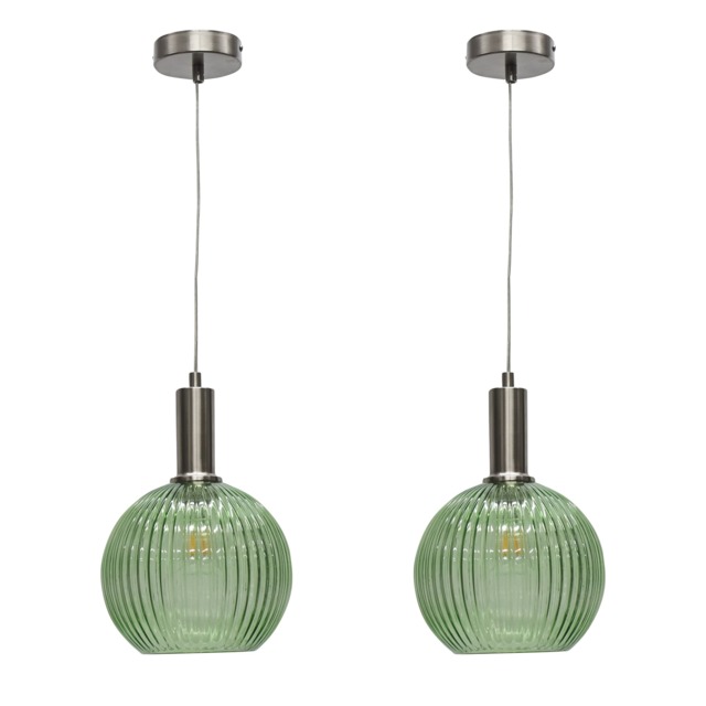 Set of 2 Betchley - Green Ribbed Globe Satin Nickel Deco Pendants