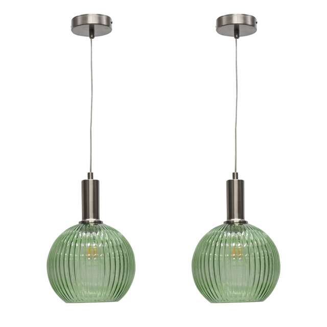 Set of 2 Betchley - Green Ribbed Globe Satin Nickel Deco Pendants