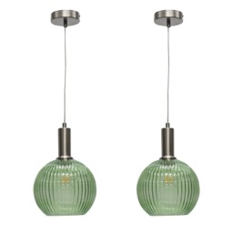 Set of 2 Betchley - Green Ribbed Globe Satin Nickel Deco Pendants