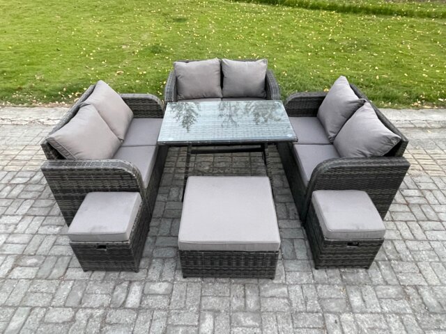 Fimous Outdoor Rattan Garden Furniture Set 9 Seater Patio Love Sofa Set with Rectangular Dining Table 3 Footstools Dark Grey Mixed