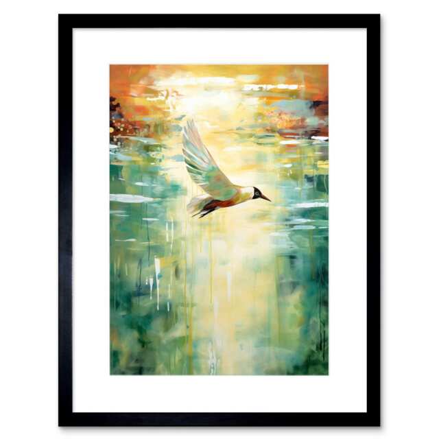 "Black Headed Gull Flying Over a Calm Sea at Sunset 9x7"" Black Framed Wall Art Print"